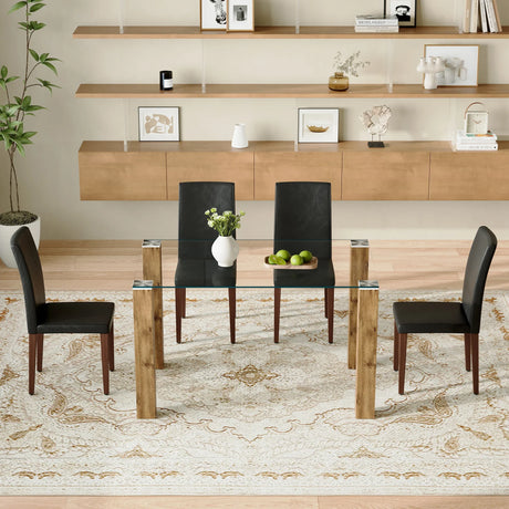 Dining Set Glass Top Table With PU Leather Chairs Black - Furniture Home Direct