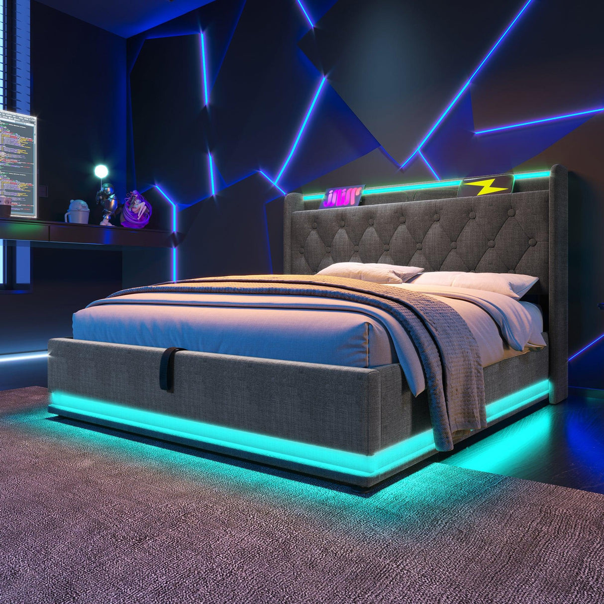King Bed LED 360 Surround Lighting Storage USB Type C Gray - Furniture Home Direct