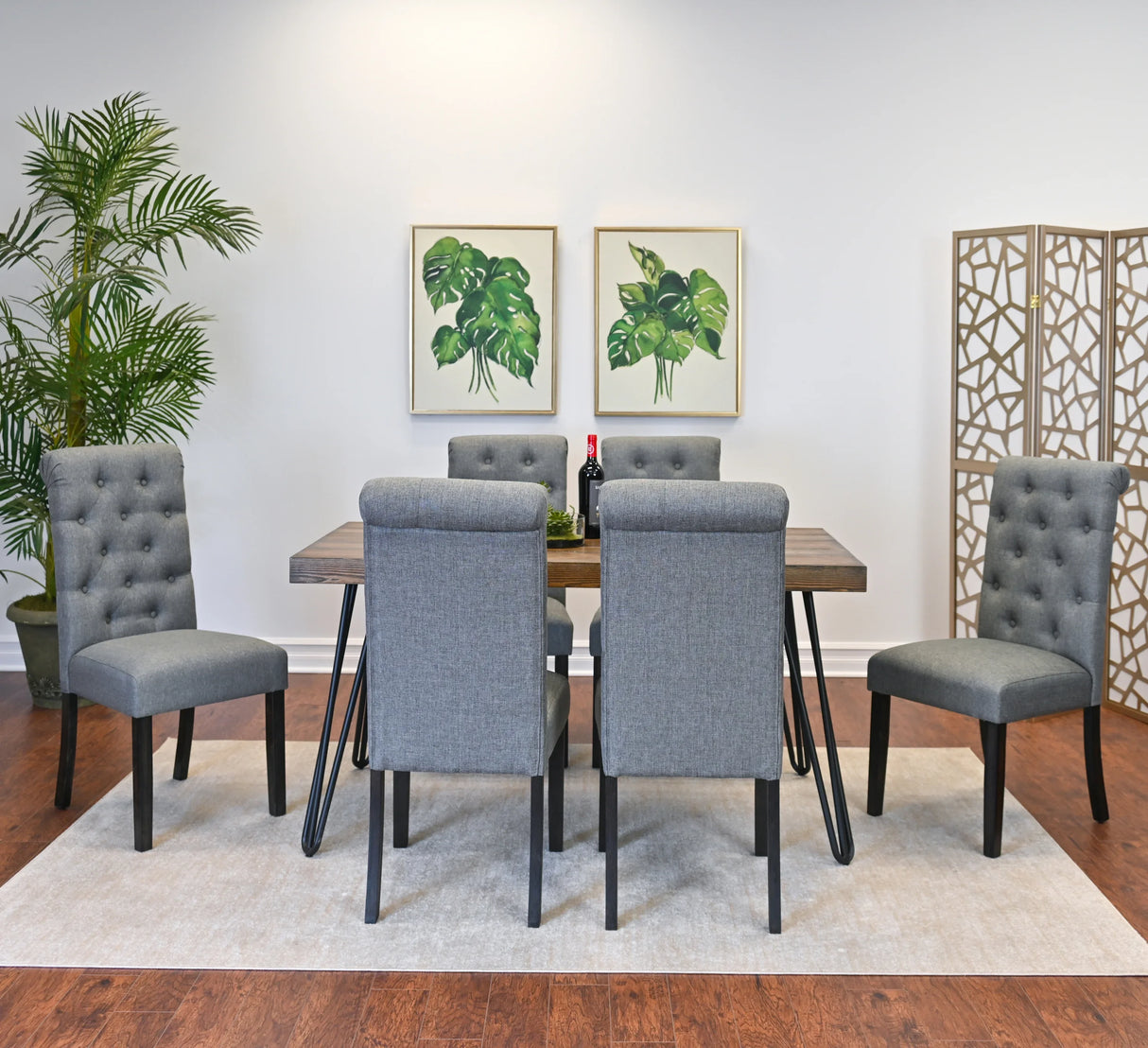 Dining Set Wood Table With Hairpin Legs Six Chairs Gray - Furniture Home Direct