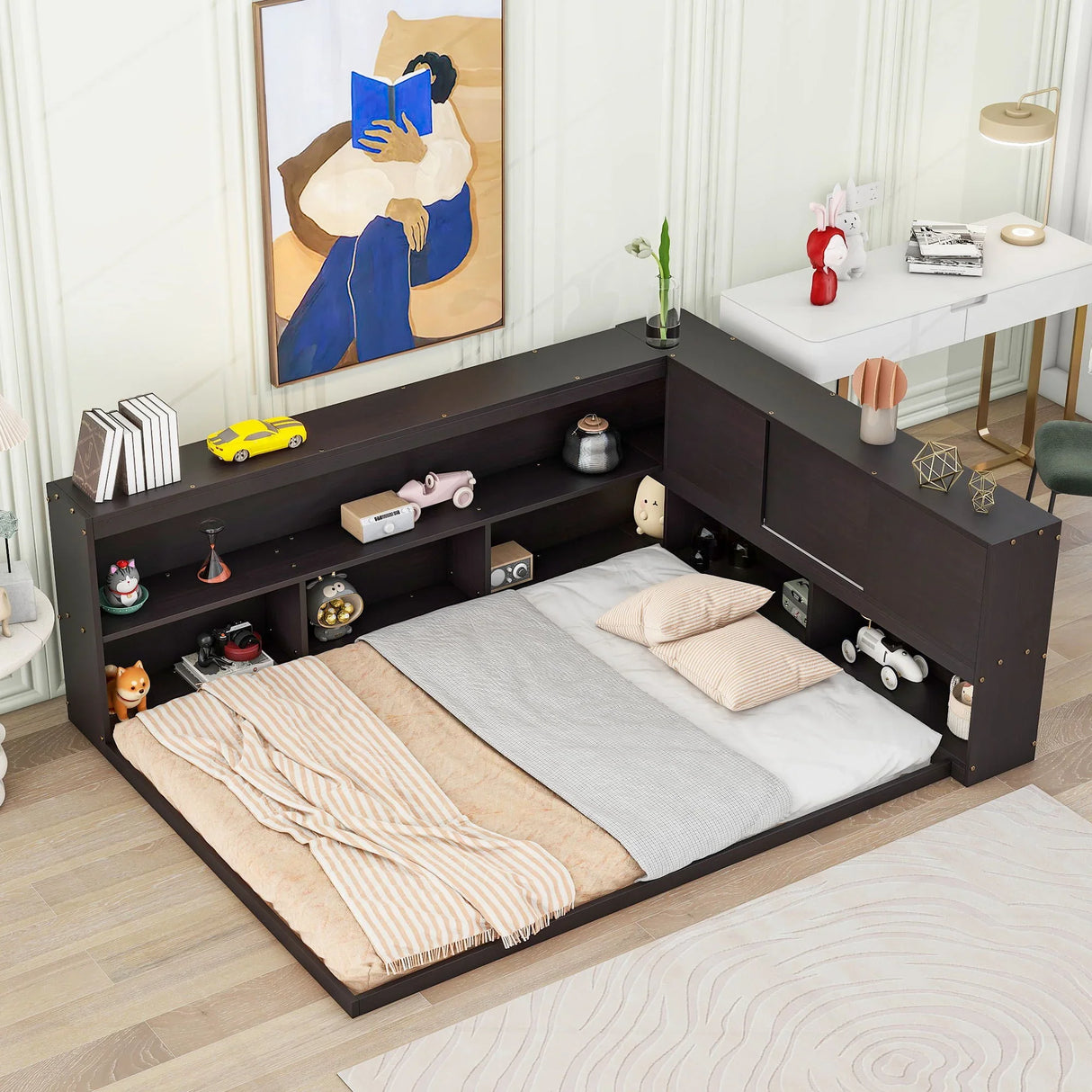 Floor Bed With L-Shaped Bookcases, Sliding Doors, Without Slats - Furniture Home Direct