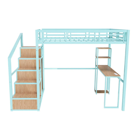 Heavy Metal Frame Full Loft Bed With Desk & Storage, 4 Cabinets, Staircase, Rack Space Saver - Green - Furniture Home Direct