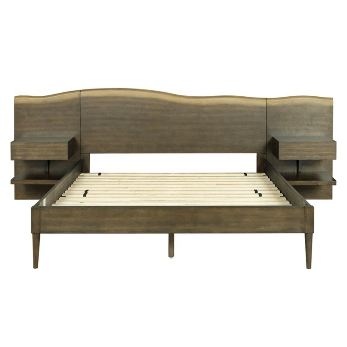 Queen Size Platform Bed Frame With Live Edge Headboard, Built In Nightstands - Dark Brown - Furniture Home Direct