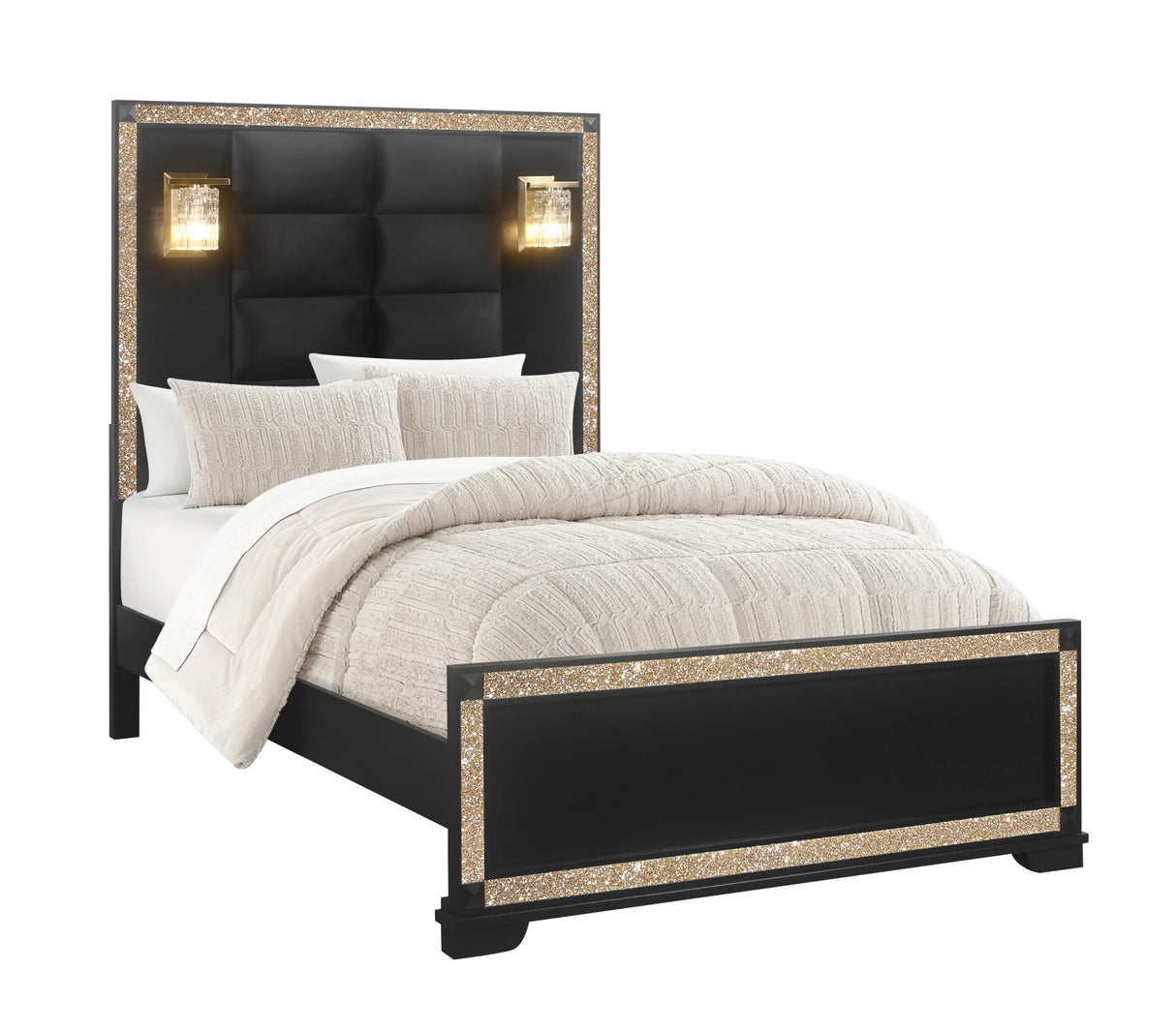 Full Bedroom Set Dresser Nightstand Mirror Glam Black Gold - Furniture Home Direct