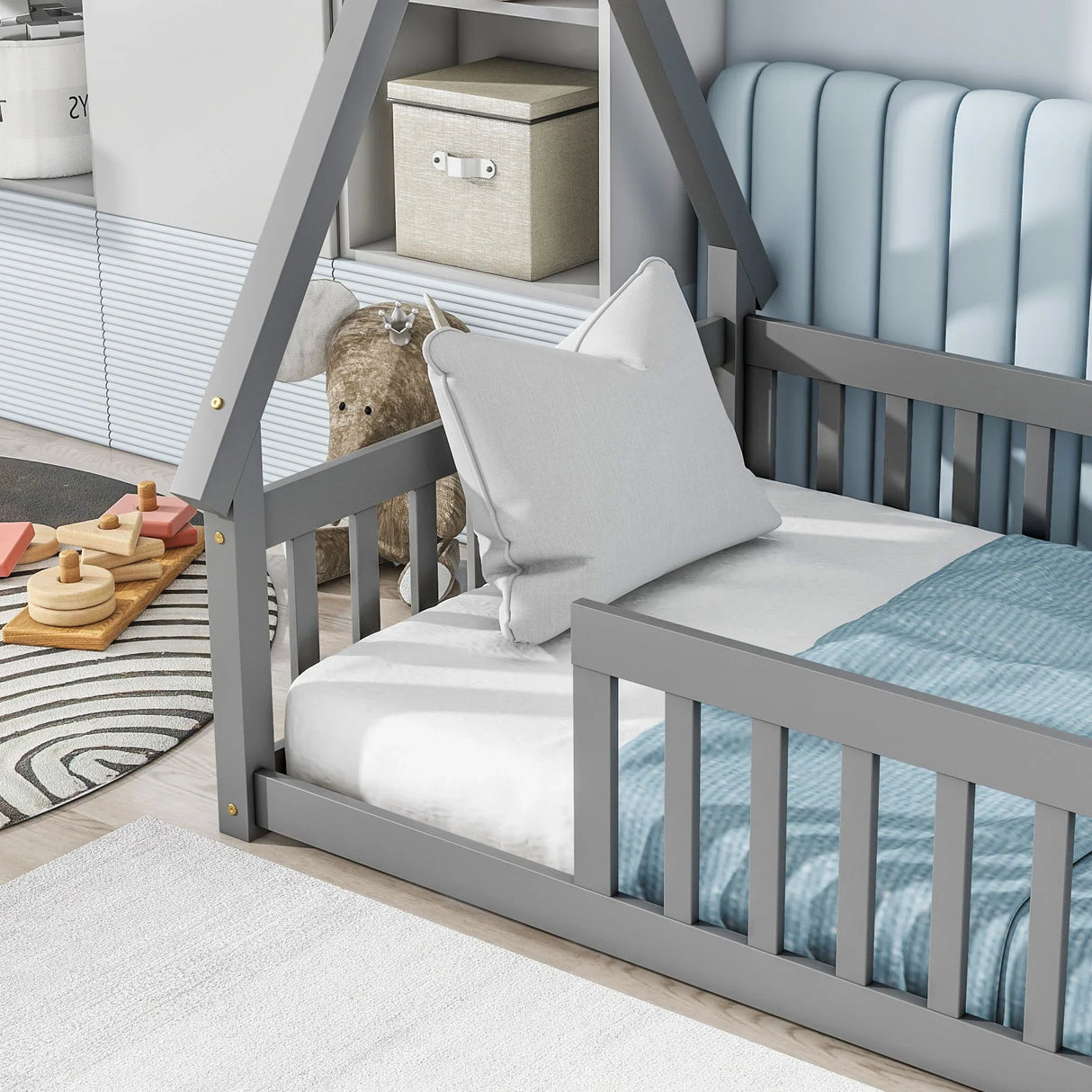 Tent-Shaped Floor Bed, Teepee Bed With Guardrails, Slats - Furniture Home Direct