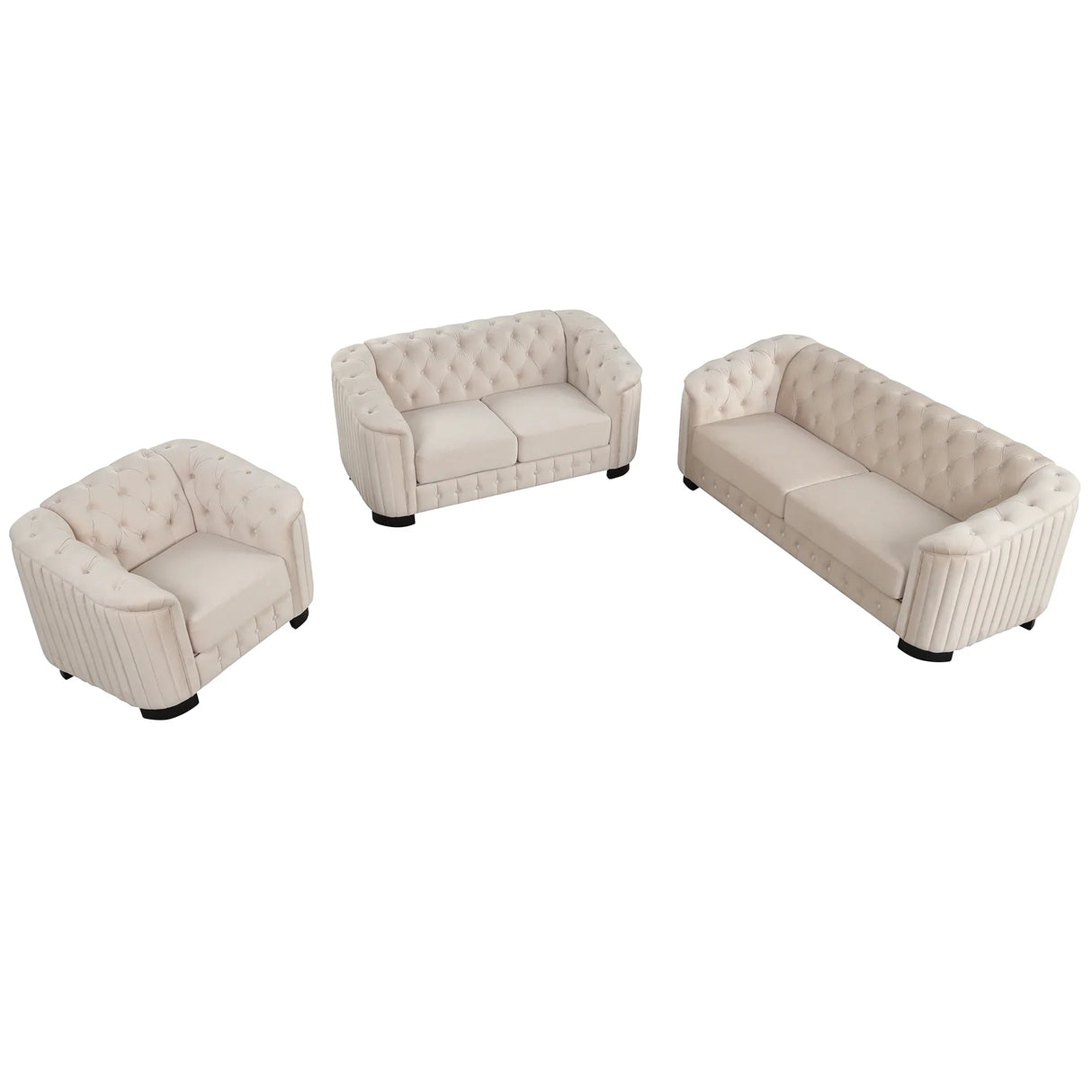 Modern 3-Piece Velvet Upholstered Living Room Set Including Sofa, Love Seat and Chair, Beige - Furniture Home Direct