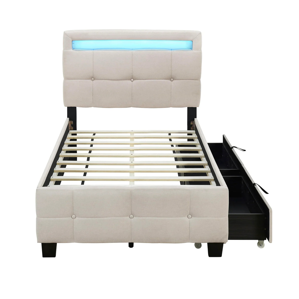 Upholstered Platform Bed With LED Frame, With Trundle And 2 Drawers - Furniture Home Direct