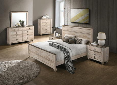 6 Piece Bedroom Set Queen Bed Dresser Mirror White Wash - Furniture Home Direct