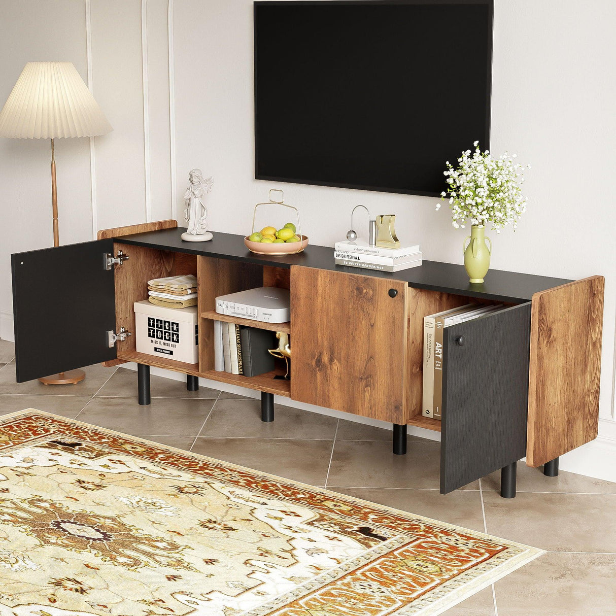 Mid Century TV Stand With 3 Cabinets, Media Console Table For Tvs Up To 70'', Entertainment Center With Storage For Living Room - Black / Brown - Furniture Home Direct