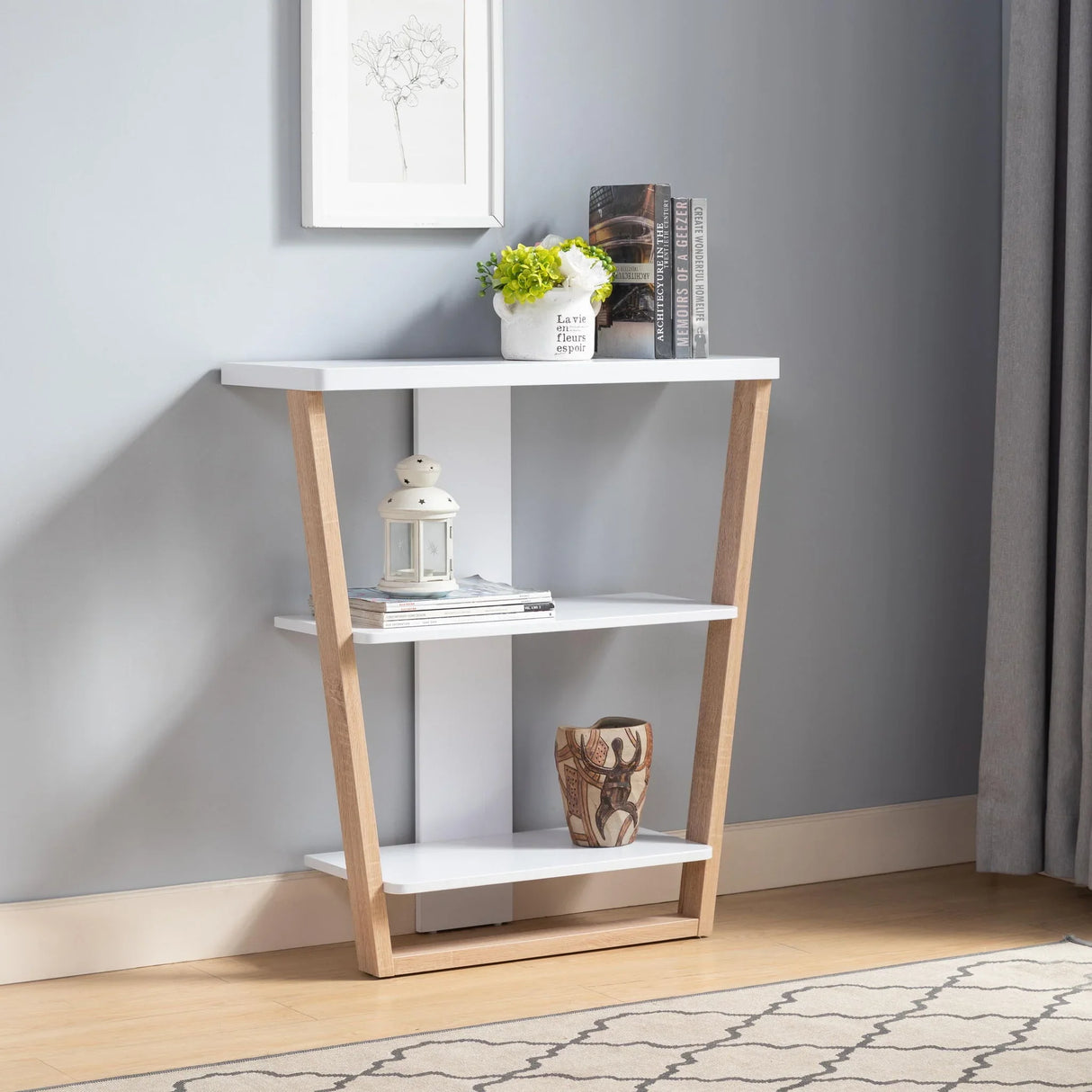 Contemporary Console Table With Three Open Shelves - White / Light Brown - Furniture Home Direct