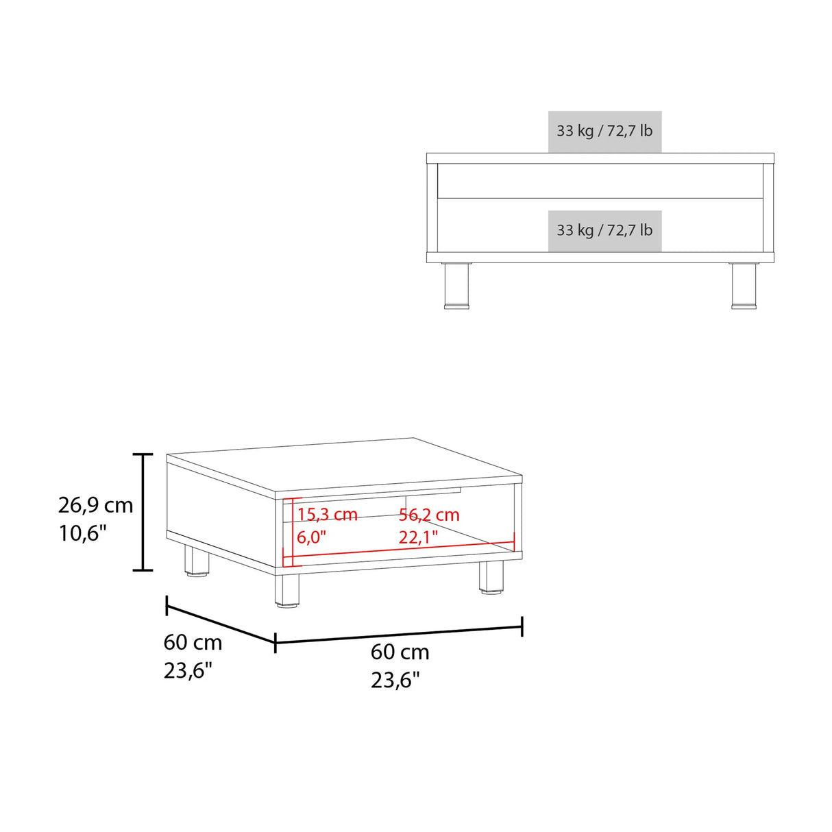 Coffee Table 1 Shelf, 4 Legs - Black - Furniture Home Direct