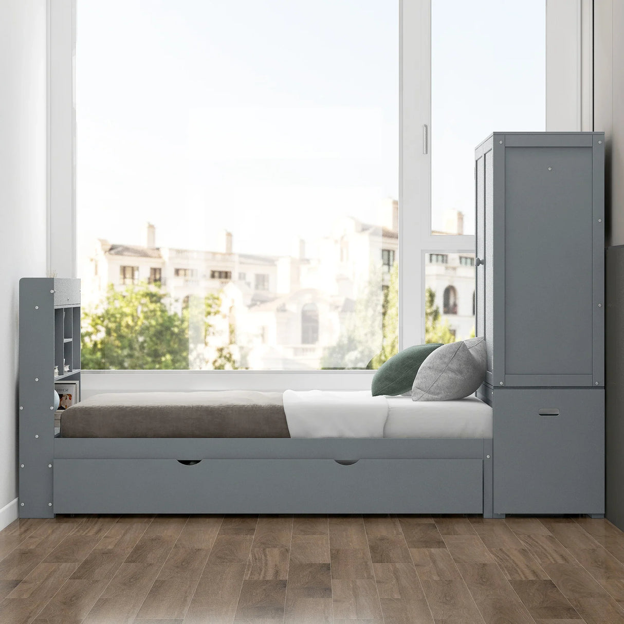 Twin Platform Bed With Storage Headboard Shelves Gray - Furniture Home Direct