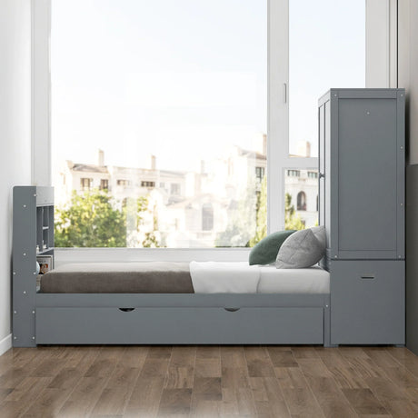 Twin Platform Bed With Storage Headboard Shelves Gray - Furniture Home Direct