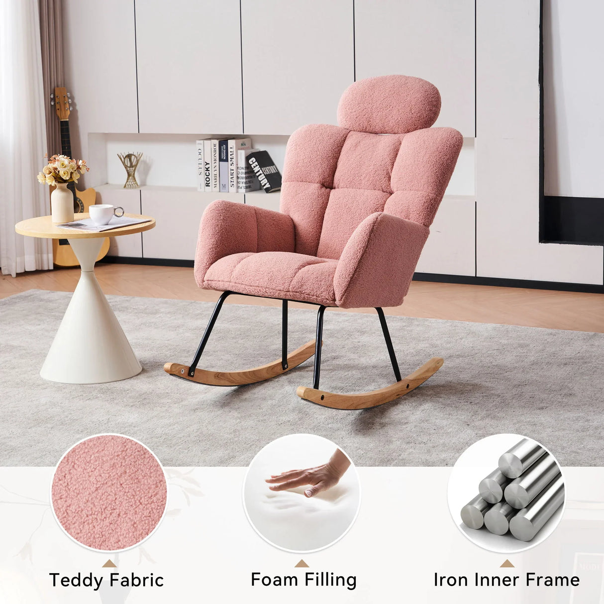 Contemporary Teddy Fabric Upholstered Nursery Rocking Glider Chair With High Backrest And Pillow - Furniture Home Direct