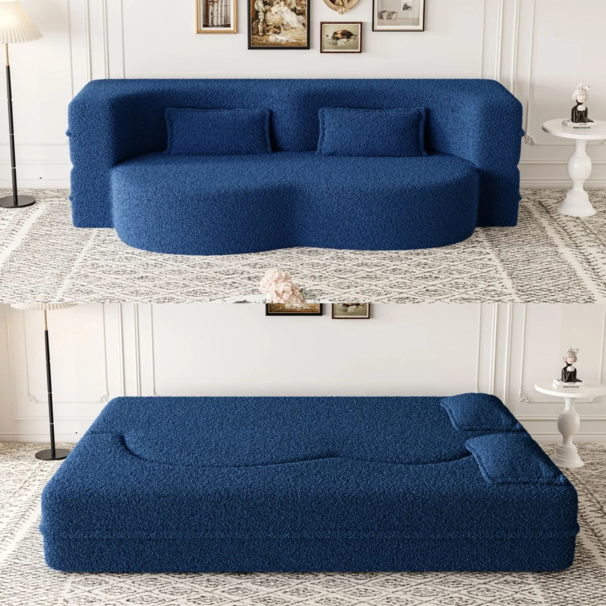 Modern Floor Sofa, With 2 Pillows, Convertible Teddy Fabric Foam Filled Bed - Furniture Home Direct
