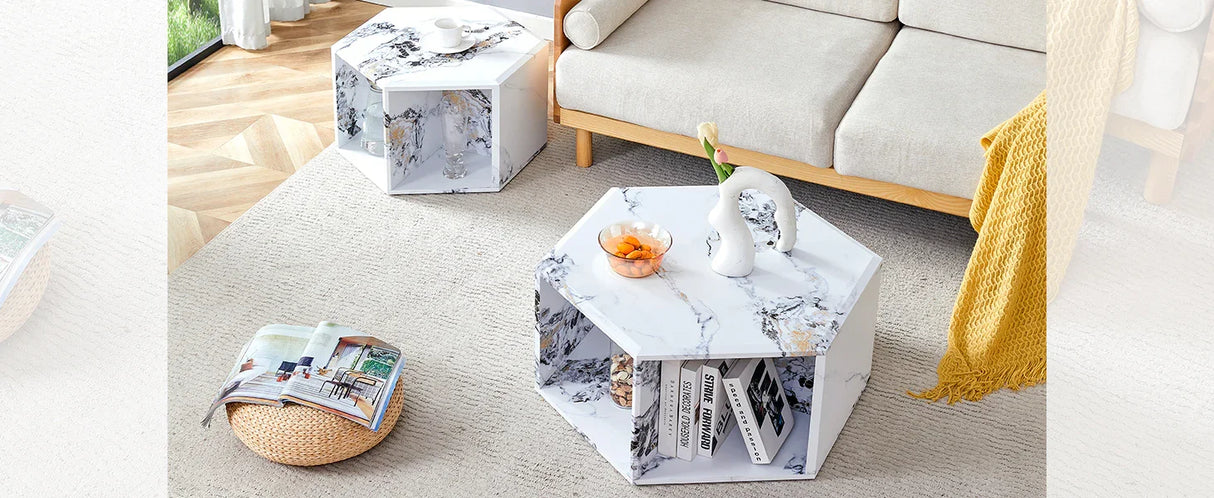 Coffee Table Set Hexagonal Marble Elegant Minimal White - Furniture Home Direct