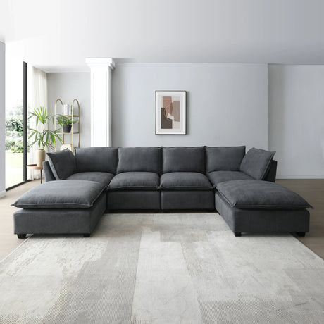 130" Linen Modular Sectional with Two Ottomans - Gray - Furniture Home Direct