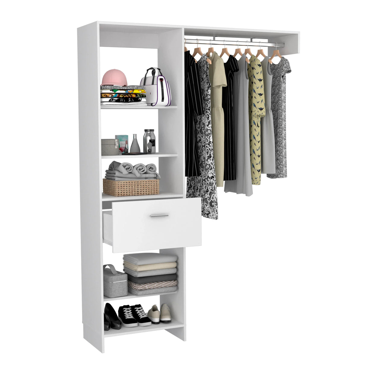 Closet System Open Shelves and Drawer With Rod White - Furniture Home Direct