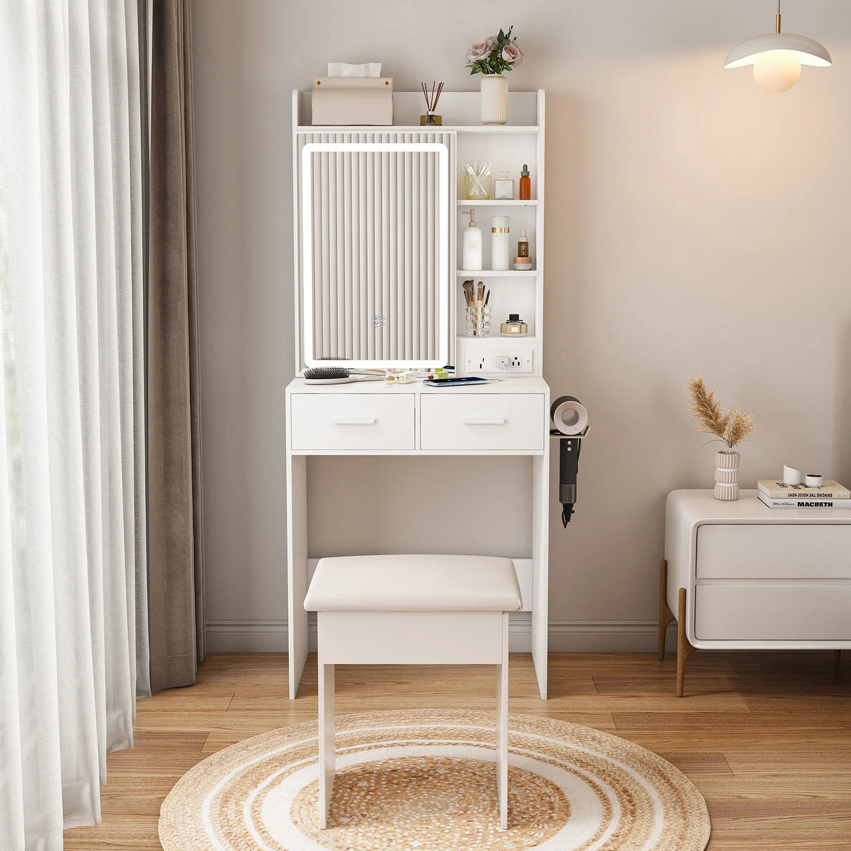 Space Saving Makeup Vanity Desk With Mirror & Adjustable Led Lights, Built-In Power Outlet, Hidden Storage, Includes Stool & Shelf - White - Furniture Home Direct