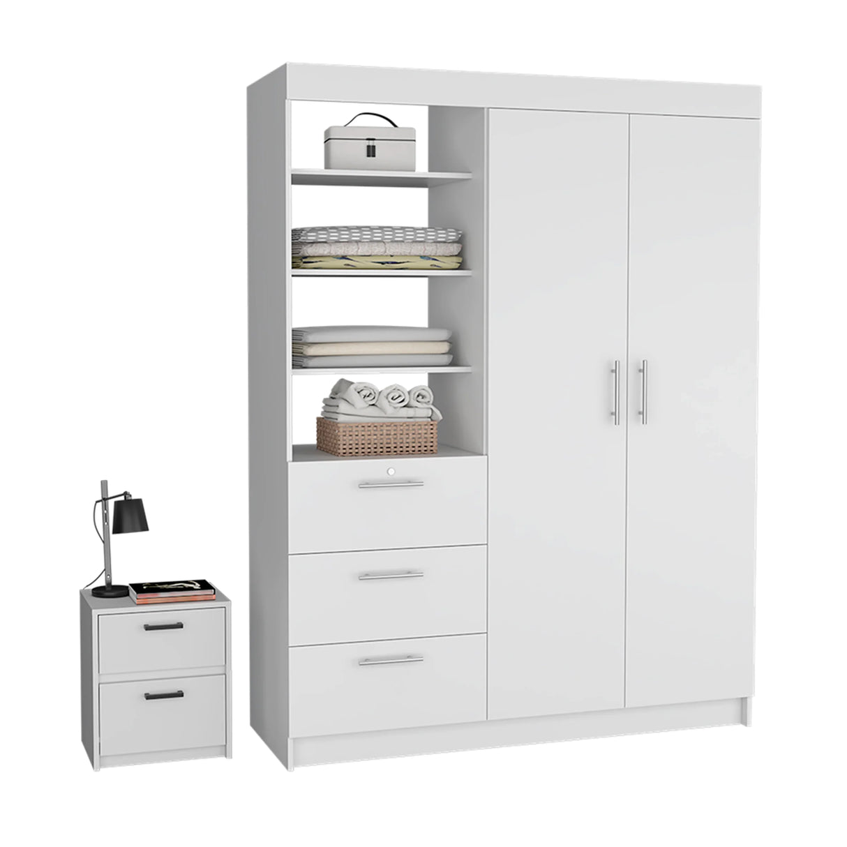 Wardrobe With Nightstand And Shelves Drawers Large White - Furniture Home Direct