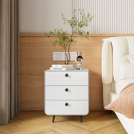 Modern Night Stand Storage Cabinet For Living Room Bedroom, Steel Cabinet With 3 Drawers, Bedside Furniture, Circular Handle - White - Furniture Home Direct