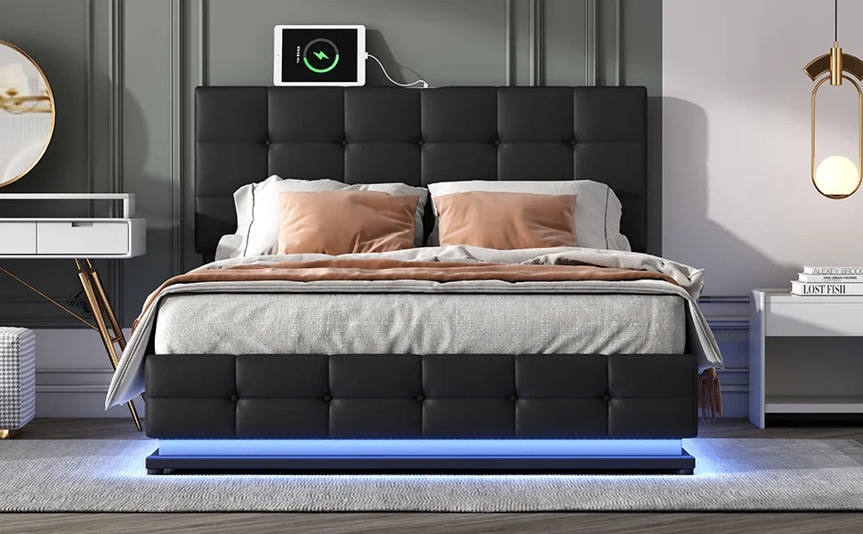 Queen Platform Bed Tufted Upholstered Storage Led Black - Furniture Home Direct