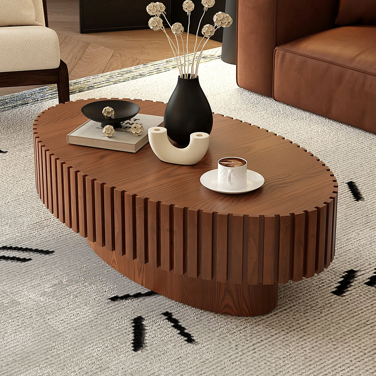 Coffee Table Oval Wood Slatted Rivet Detail Modern Brown - Furniture Home Direct