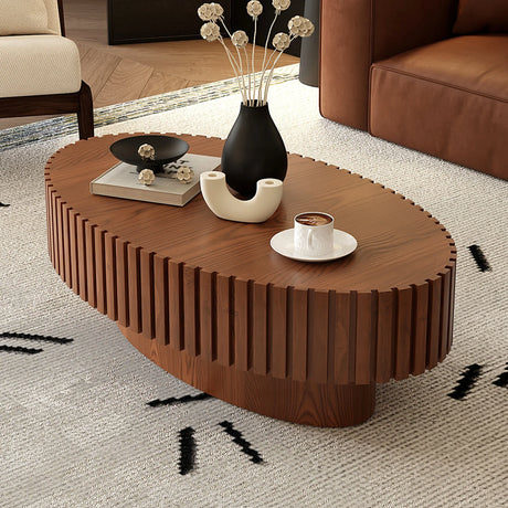 Coffee Table Oval Wood Slatted Rivet Detail Modern Brown - Furniture Home Direct