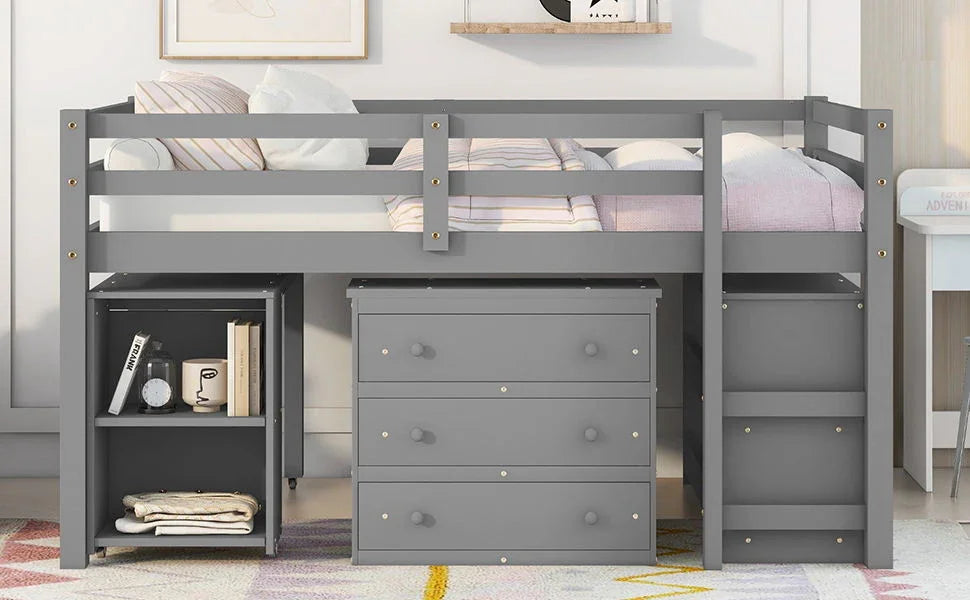 Loft Low Study Bed With Cabinet, Shelves And Rolling Portable Desk, Multiple Functions - Furniture Home Direct