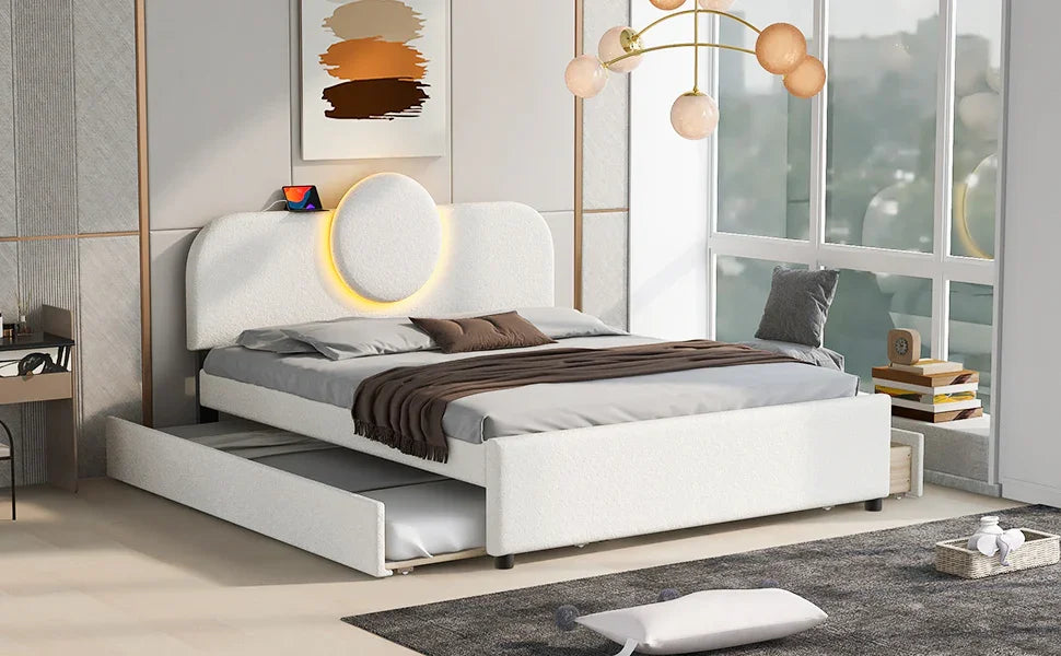 Queen Bed Upholstered Platform With Storage Drawers White - Furniture Home Direct