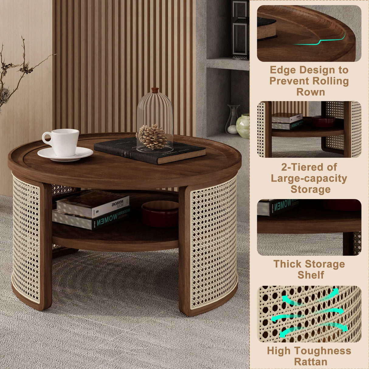2-Tiered Round Walnut Wood Coffee Table - Furniture Home Direct