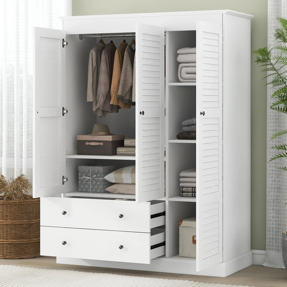 3 Shutter Door Wardrobe Armoire Closet with 2 Drawers, White - Furniture Home Direct