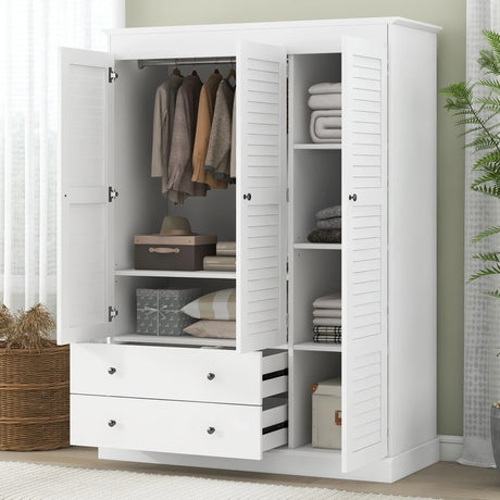 3 Shutter Door Wardrobe Armoire Closet with 2 Drawers, White - Furniture Home Direct