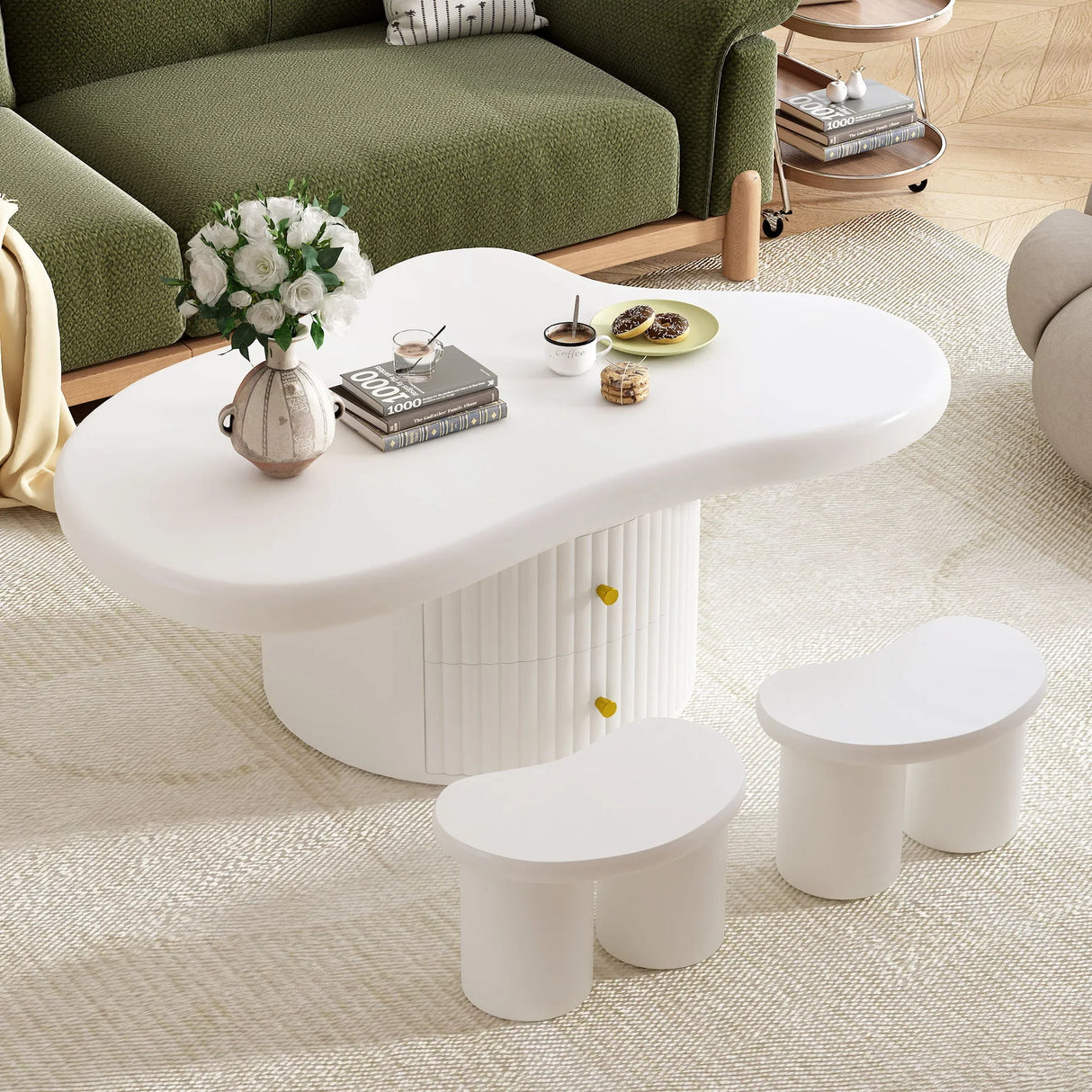 Cloud - Coffee Table (Set of 3), Irregular Shape Coffee Table With 2 Drawers, 2 Small Stools For Living Room - White - Furniture Home Direct