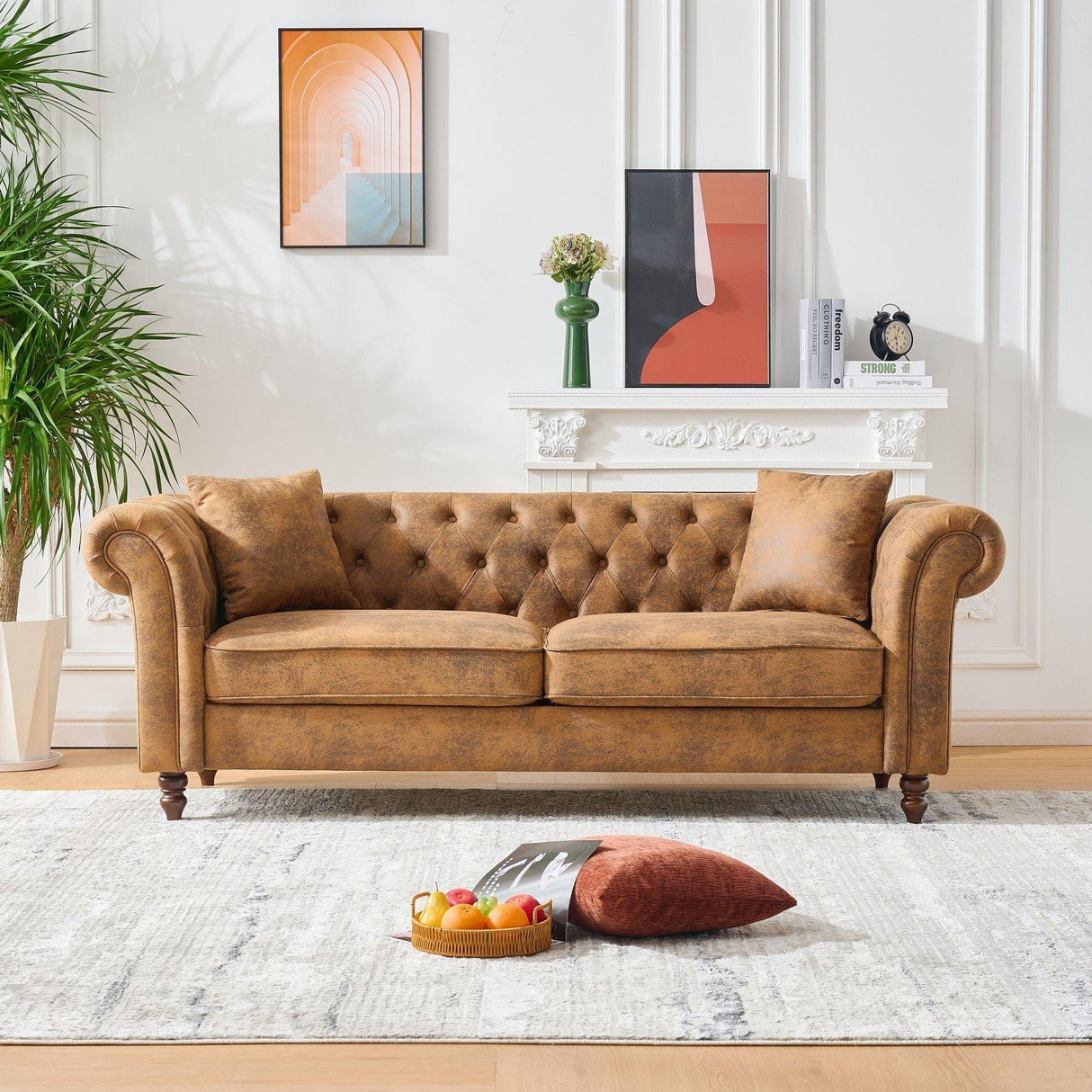 Chesterfield Sofa, High Roll Armrest Sofa, Upholstered Mid Century Modern Couch, 3 Seater Couch - Brown - Furniture Home Direct
