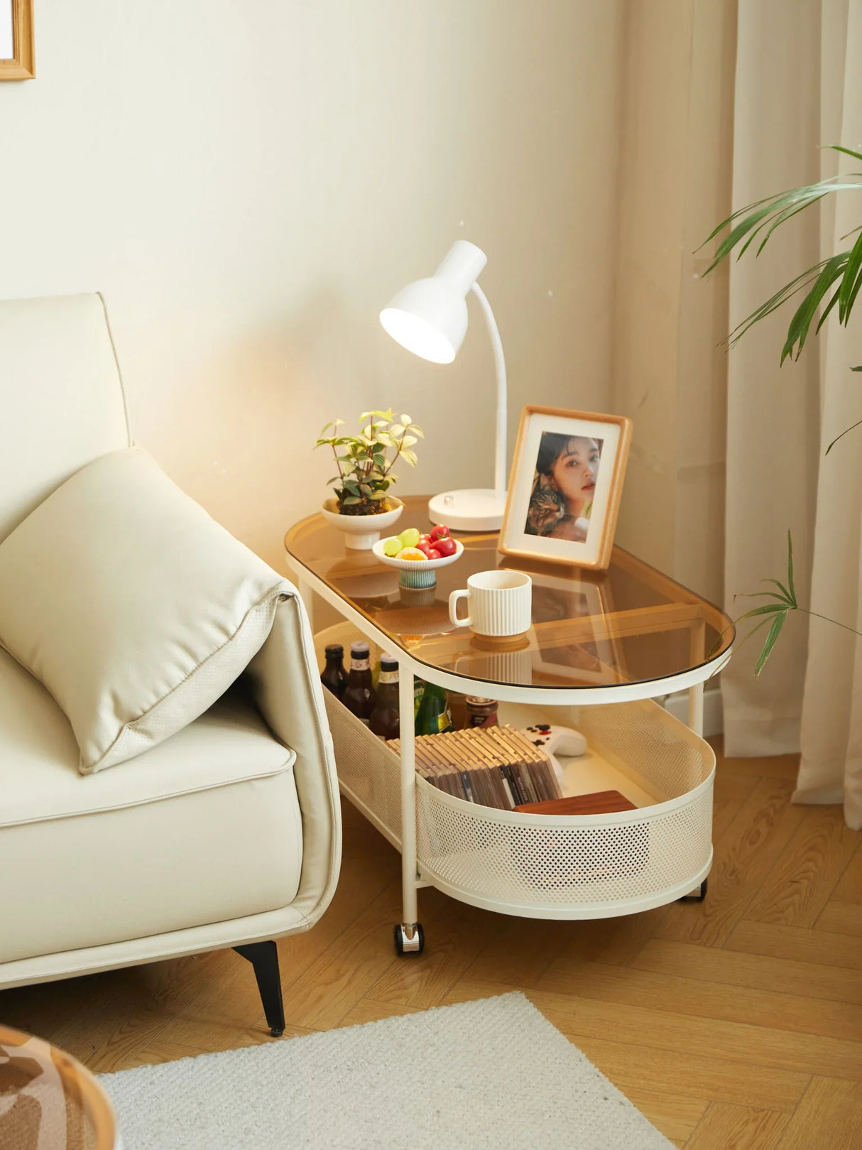 Movable Oval Metal Glass Coffee Table With Storage - White - Furniture Home Direct