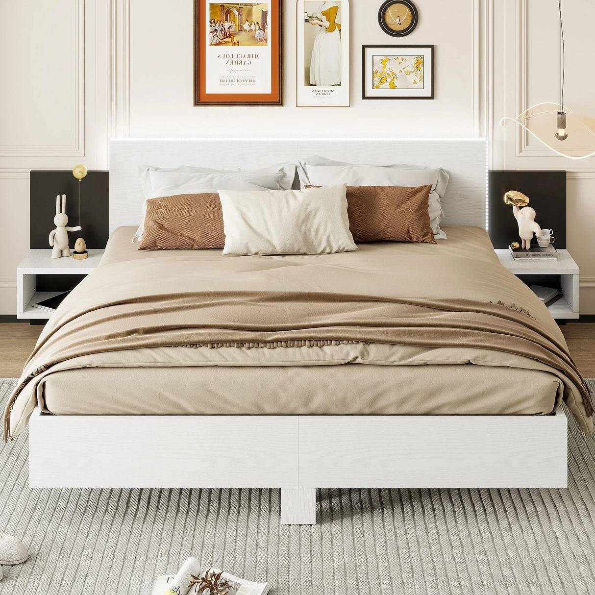 Floating Platform Bed, With LED Lights, Bedside Nightstand - Furniture Home Direct
