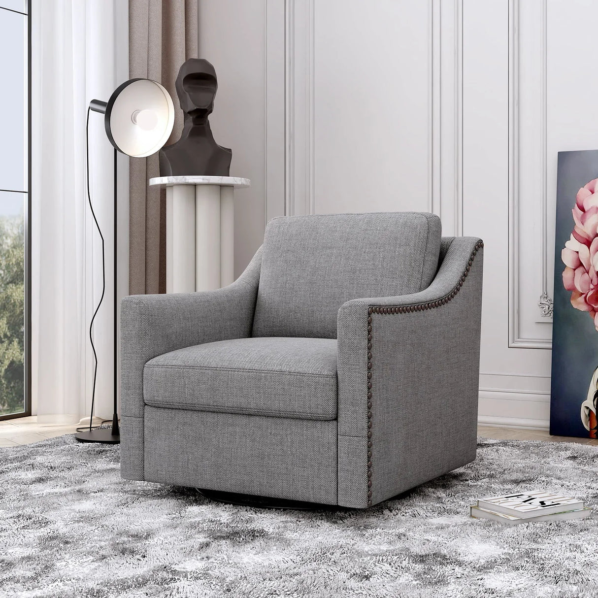 360 Degree Swivel Armchair, Skin Friendly Fabric, Ergonomic Design, Brass Nail Decorative Armchair - Furniture Home Direct
