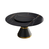 Modern Artificial Stone Round Carbon Steel Base Dining Table, Can Accommodate 6 People Artificial Stone Turntable - Black - Furniture Home Direct