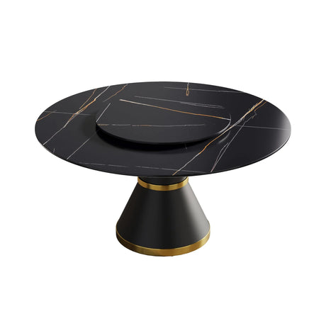 Modern Artificial Stone Round Carbon Steel Base Dining Table, Can Accommodate 6 People Artificial Stone Turntable - Black - Furniture Home Direct