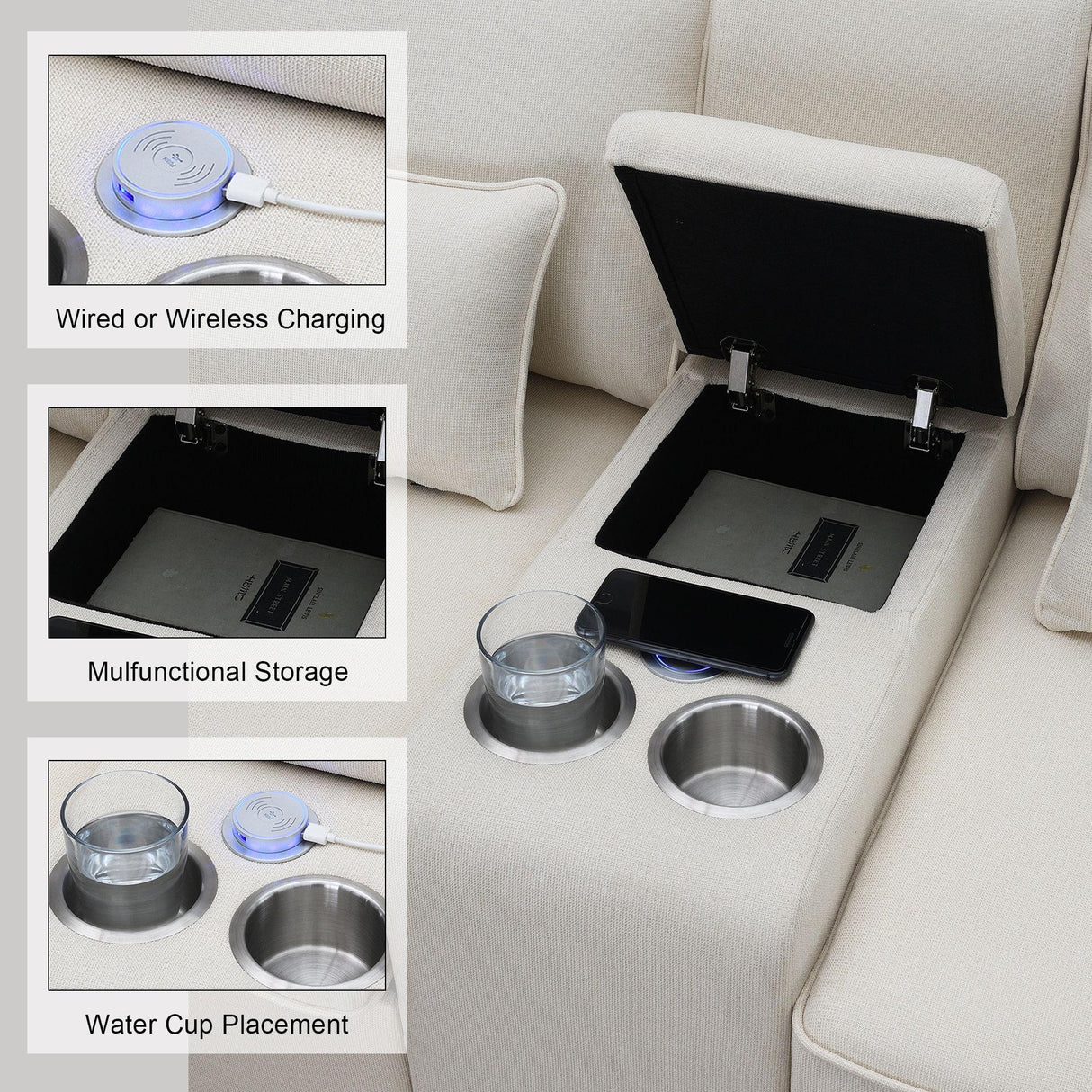 Upholstered Sofa With Console, 2 Cupholders And 2 USB Ports Wired Or Wirelessly Charged, Modern Linen Fabric Couches With 4 Pillows For Living Room, Apartment (4-Seat) - Furniture Home Direct