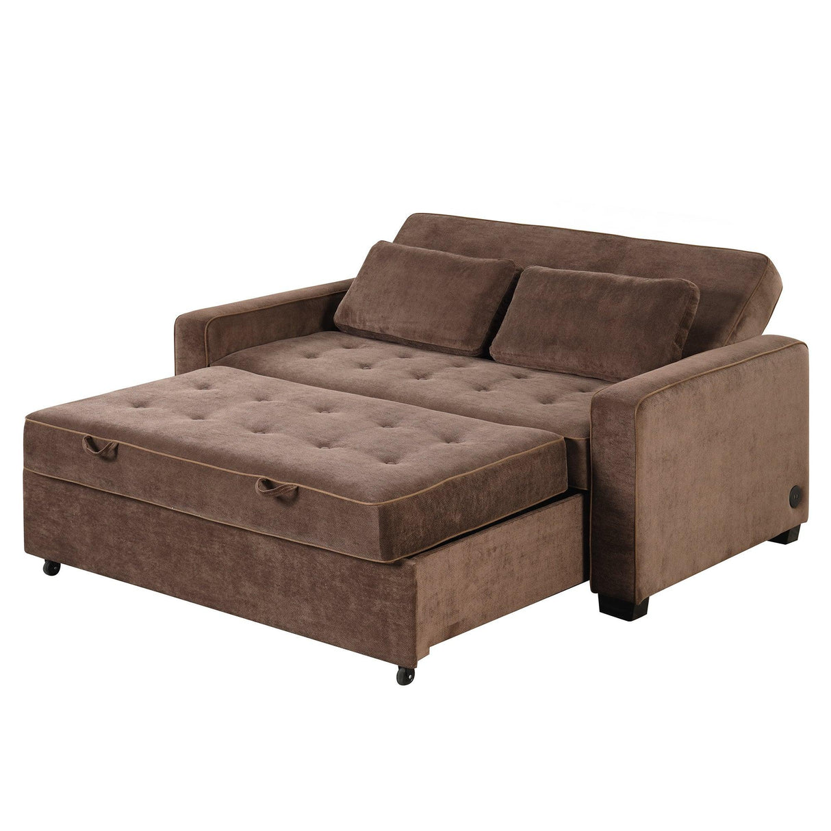 66.5" Upholstered Loveseat With Pull Out Bed, Two Throw Pillows, Dual USB Charging Port and Adjustable Backrest - Brown - Furniture Home Direct