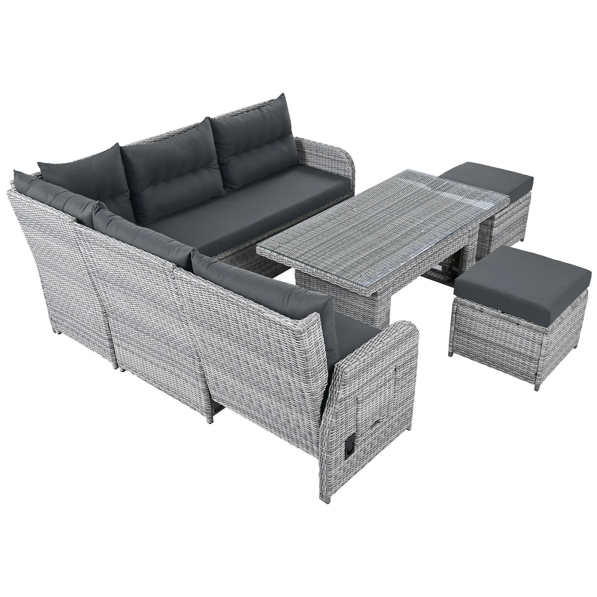 6 Piece Patio Set With An Adjustable Table, Recliners With Extendable Side Tables, And 2 Ottomans - Gray - Furniture Home Direct