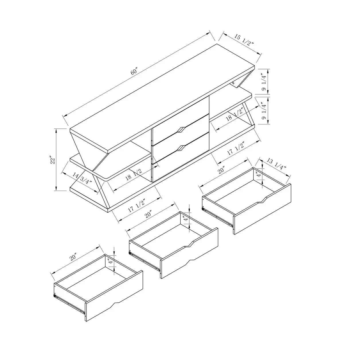 Modern TV Stand With Four Open Shelves And Three Storage Drawers - White Oak - Furniture Home Direct