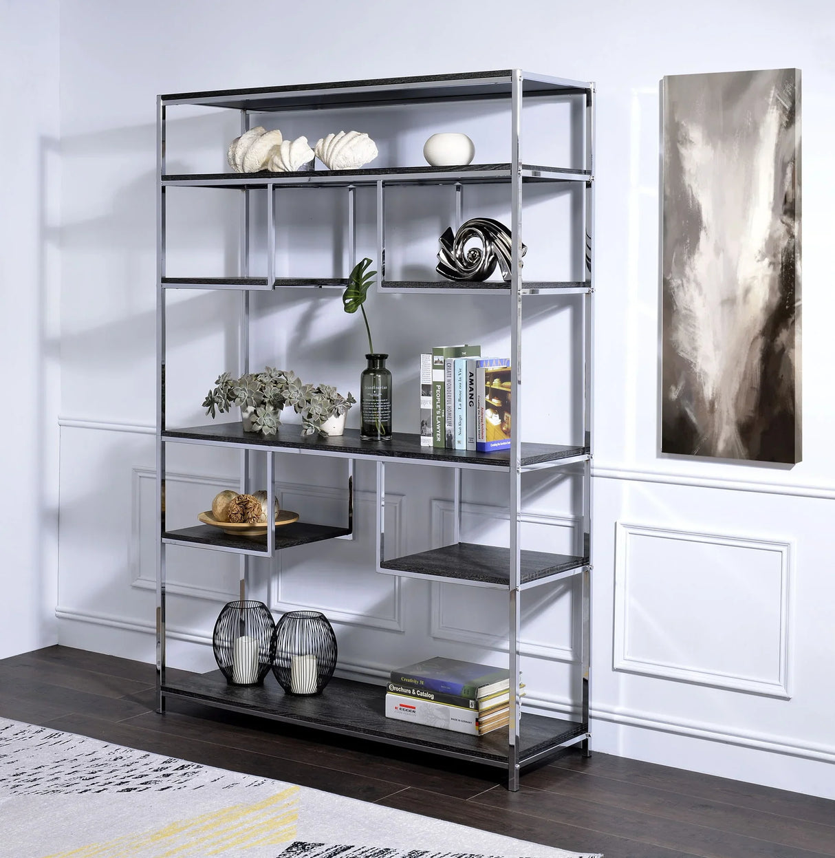 Vonara - Bookshelf - Chrome / Gray / Oak - Furniture Home Direct