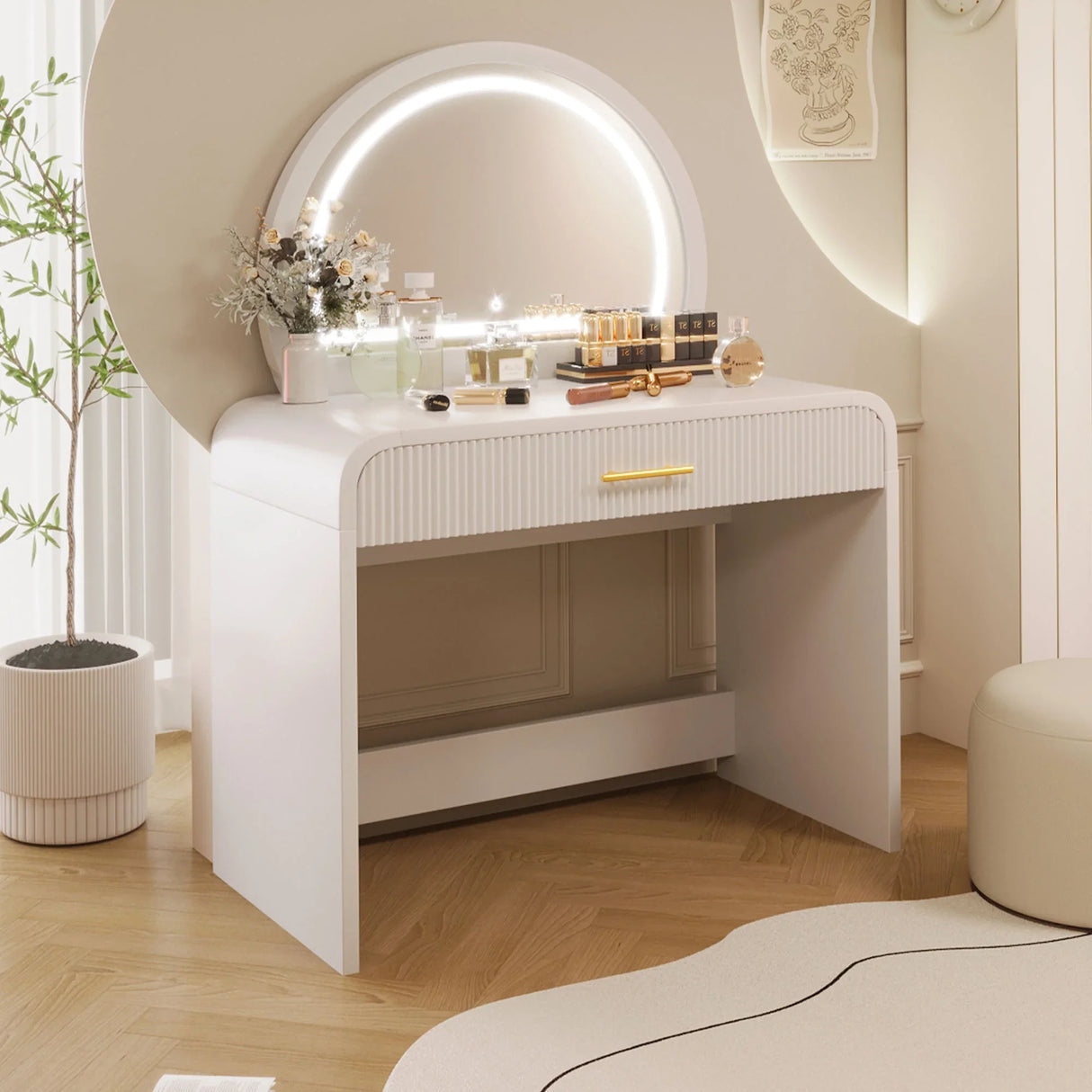 Makeup Vanity Table With Mirror Touch Screen Lighted Mirror, Dressing Table With Drawer For Bedroom - White - Furniture Home Direct