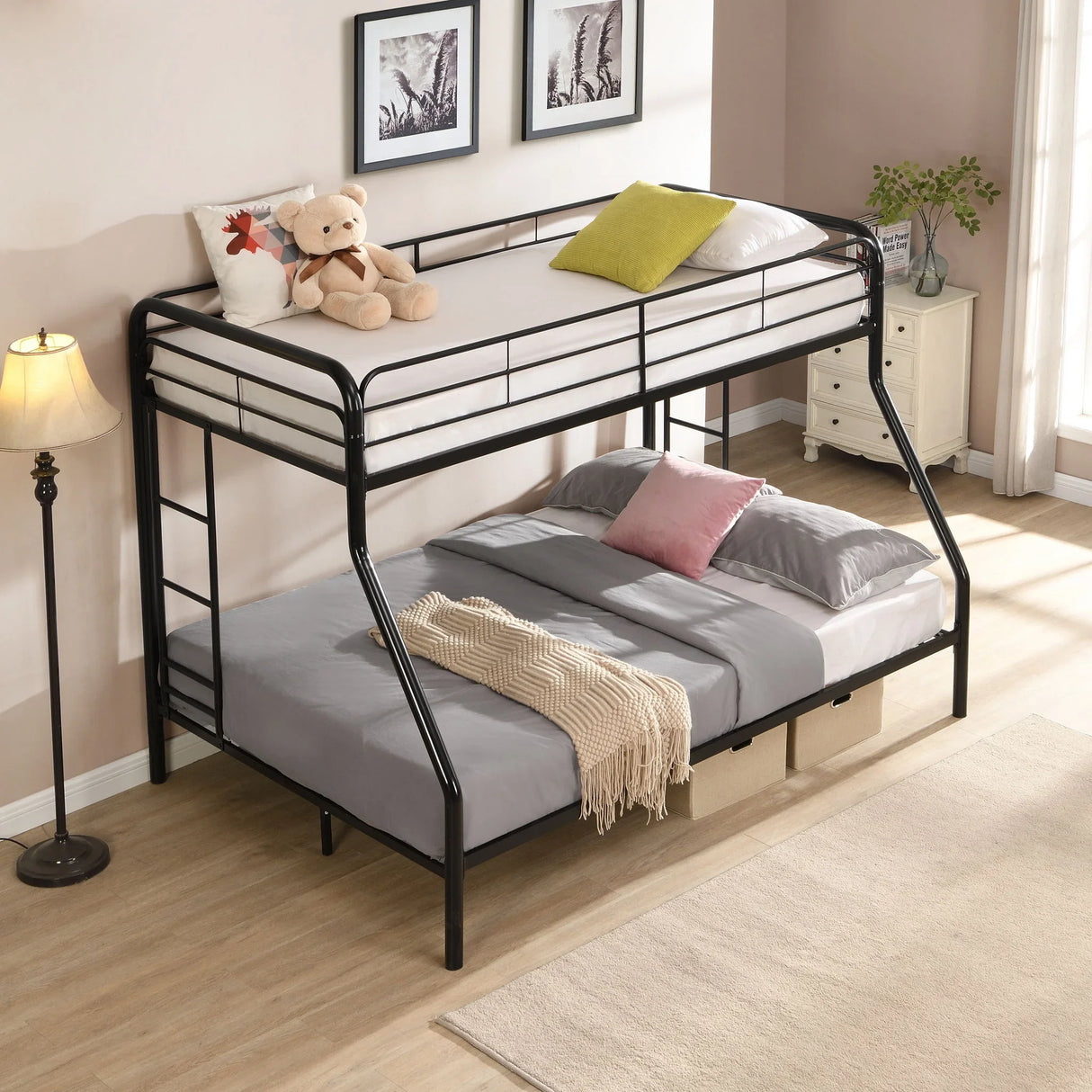 Modern Twin Over Full Metal Bunk Bed With Trundle And Dual Side Ladder And Metal Design - Black / Brown - Furniture Home Direct