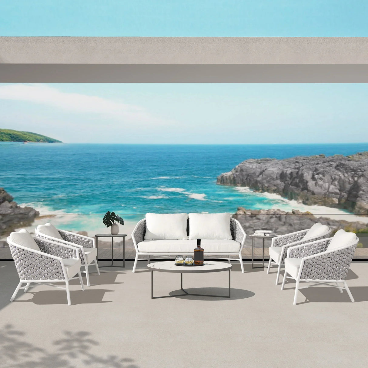Rowan - Rope Barrel Back Patio Conversation Loveseat Sofa - Optic White - Furniture Home Direct