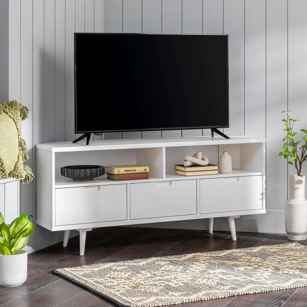 Mid-Century Modern Minimalist 3 Drawer Corner TV Stand For TVs Up To 58 - Furniture Home Direct