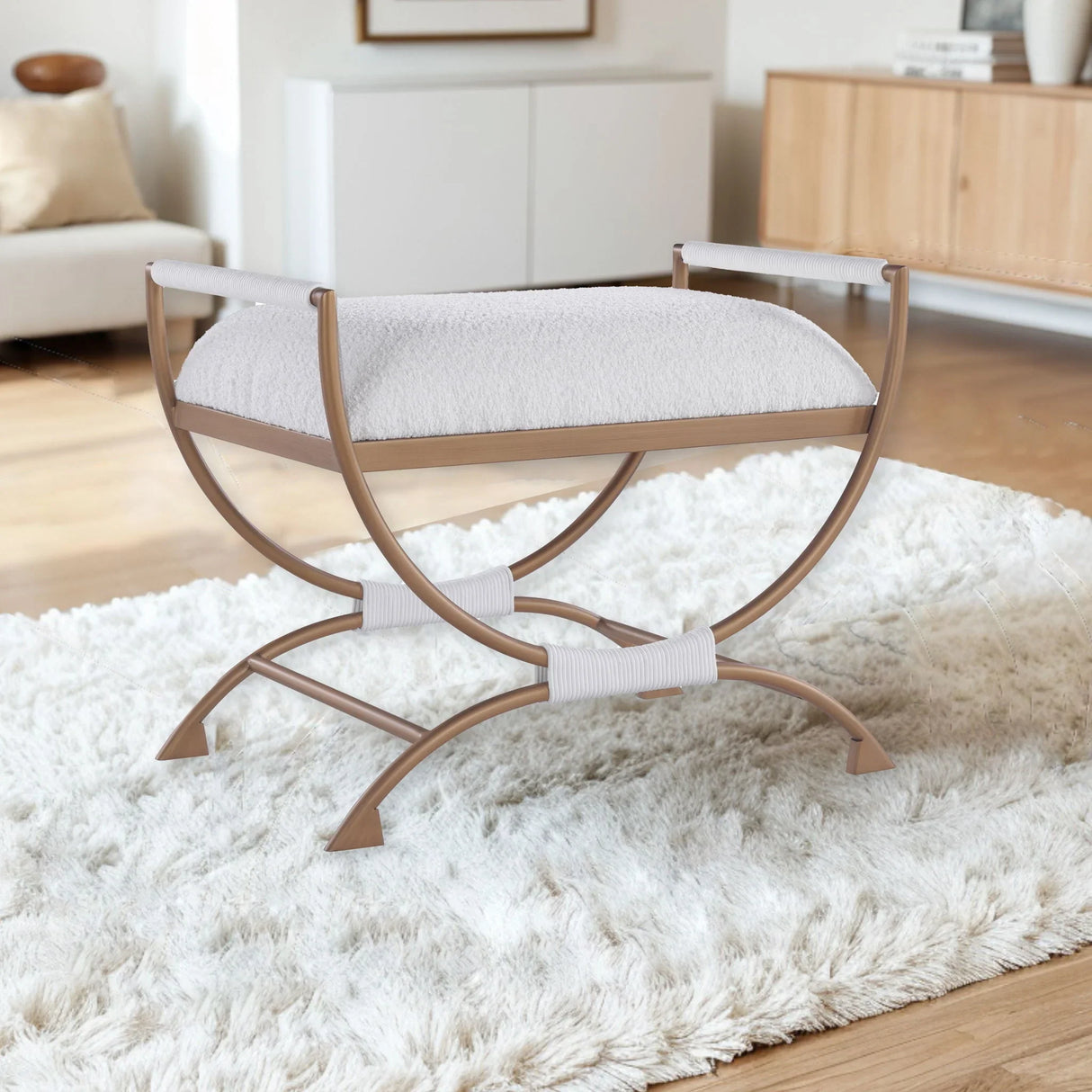 Nora - Bench With Bronze Metal Frame And Boucle Fabric Seat - White - Furniture Home Direct