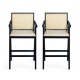 Woven Cane Plastic Backrest Bar Stool Foam Padded Fabric Seat & Durable Rubberwood Frame - Cream Gray